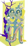  2others androgynous arm_up boots border brown_boots brown_pants brown_scarf chinese_commentary commentary_request covered_face crossed_arms drop_shadow dual_persona facing_viewer fewer_digits full_body hatchling_(outer_wilds) hearthian helmet jacket lace-up_boots multiple_others other_focus outer_wilds outside_border pants saiko67 scarf space_helmet standing white_border yellow_background yellow_jacket 