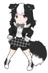  :3 animal_ears belt bike_shorts black_hair bow bowtie buttons commentary_request dog_ears dog_girl dog_tail fur_collar fur_trim gloves hands_on_hips highres hooyoo-san_(hoyo_photo) kemono_friends long_sleeves multicolored_hair original plaid plaid_skirt pleated_skirt shoes short_hair shorts shorts_under_skirt skirt sneakers socks solo tail unmoving_pattern white_gloves white_hair 