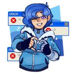  1girl big_chez blue_hair blue_hoodie commentary cyborg english_commentary glitch glitch_productions heart heart_hands hood hoodie mechanical_arms meta_runner purple_eyes short_hair single_mechanical_arm tari_(meta_runner) 