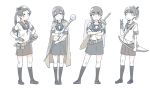  &gt;:) ayanami_(kantai_collection) belt bow_(weapon) braid brown_gloves brown_hair cape commentary_request crossed_arms full_body gloves hands_on_hips highres isonami_(kantai_collection) kantai_collection long_hair looking_at_viewer multiple_girls pouch school_uniform serafuku sheath sheathed shield shikinami_(kantai_collection) shoulder_pads side_ponytail smile staff standing sword sword_behind_back twin_braids uranami_(kantai_collection) v v-shaped_eyebrows wachi_(hati1186) weapon 