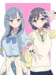 2girls bang_dream! bang_dream!_it's_mygo!!!!! blue_nails blue_necktie blue_shirt blue_skirt blush breasts brown_eyes cardigan cardigan_around_waist closed_mouth clothes_around_waist commentary_request dress_shirt grey_hair gumoyu gyaru gyaru_v hair_ornament hairclip highres medium_breasts multicolored_nails multiple_girls nail_polish necktie open_mouth plaid_clothes plaid_skirt red_nails shirt short_hair skirt sweater_vest takamatsu_tomori togawa_sakiko twintails v w white_sweater_vest yellow_eyes yellow_shirt 
