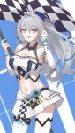  1girl blue_sky breasts bronya_zaychik bronya_zaychik_(maximum_velocity) bronya_zaychik_(silverwing:_n-ex) commentary_request detached_sleeves drill_hair erio_dazima grey_eyes grey_hair highres honkai_(series) honkai_impact_3rd large_breasts long_hair looking_at_viewer midriff miniskirt navel official_alternate_costume race_flag race_queen skirt sky solo tank_top thighhighs thighs very_long_hair white_skirt white_tank_top white_thighhighs 