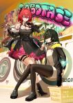  2girls absurdres arknights arknights:_endfield bare_shoulders black_coat black_dress black_gloves black_hair black_horns black_mask black_pantyhose blindfold_mask breasts cleavage coat colored_petticoat commentary_request demon_girl demon_horns detached_sleeves dress endministrator_(arknights) female_endministrator_(arknights) gloves hair_between_eyes hair_intakes highres horns in_washing_machine indoors laevatain_(arknights) large_breasts laundromat laundry_basket mask multiple_girls open_clothes open_coat pantyhose perlica_(arknights) petticoat purple_eyes red_hair sanzuitaroh short_hair sideless_dress sitting surtr_(arknights) sweater washing_machine white_sweater 