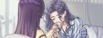  2girls angon623 buttons covered_mouth crying curtained_hair eyes_visible_through_hair hand_grab kiss kissing_hand long_hair long_sleeves love_curse:_find_your_soulmate mole mole_under_eye multiple_girls pinching_sleeves purple_hair selene_yan streaming_tears tears victoria_qi yuri 