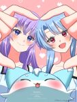  2girls :d ^_^ blue_eyes blue_hair blush closed_eyes closed_mouth collarbone commentary_request crossed_bangs eyelashes facing_viewer fan_request four-finger_heart_hands fox from_below hair_between_eyes heart heart_hands heart_hands_trio highres inari_(summer_pockets) long_hair looking_at_viewer looking_down maru_mayu multiple_girls open_mouth pink_background pixel_heart purple_hair red_eyes shirt siblings sidelocks simple_background sisters smile sorakado_ai sorakado_ao split_mouth summer_pockets tsurime twins twitter_username upper_body white_shirt 