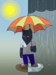  2018 alexyorim ambiguous_gender cat chibi clothing digital_media_(artwork) feline frown mammal puddle raining shadow sun umbrella 