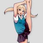  bike_shorts blonde_hair blue_eyes grey_background harada_yuuichi original school_uniform solo split standing standing_on_one_leg standing_split sweater_vest twintails 