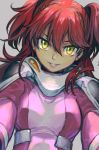  bangs bodysuit earrings freckles gundam gundam_00 hankuri jewelry long_hair looking_at_viewer nena_trinity pilot_suit pink_bodysuit red_hair solo two_side_up yellow_eyes 