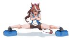  1girl artist_name black_shoes blue_tank_top blush bow brown_hair brown_shorts closed_eyes collarbone commentary crossed_arms english_commentary eri_(erikiri) flexible frown full_body hair_bow high_ponytail highres horse_girl long_hair pink_bow ponytail shoes shorts simple_background sneakers solo split spread_legs sweat tank_top thighs tokai_teio_(umamusume) twitter_username umamusume v-shaped_eyebrows white_background white_tank_top 