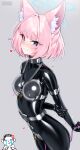  1boy 1girl blue_archive blue_eyes blush bodysuit breasts chastity_belt chastity_bra collar doodle_sensei_(blue_archive) egg_vibrator grey_background heart highres impossible_bodysuit impossible_clothes latex latex_bodysuit looking_at_viewer maguro27 medium_breasts medium_hair niko_(blue_archive) pink_hair sensei_(blue_archive) sex_toy skin_tight smile standing vibrator 