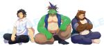  3boys absurdres animal_ears bear_boy bear_ears black_pants black_socks blue_jacket blue_pants blue_vest brown_pants closed_eyes closed_mouth commentary_request crossed_arms dog_boy dog_ears dragon_boy dragon_horns dragon_tail facing_viewer furry furry_male highres horns indian_style jacket juuichi_mikazuki kyouji_takahara looking_at_viewer male_focus morenatsu multiple_boys nejiri_hachimaki one_eye_closed pants ry_o_(zyuzinka) sample_watermark shirt signature sitting smile socks tabi tail tatsuki_midoriya vest watermark white_background white_shirt white_socks 