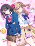  2girls bang_dream! bang_dream!_girls_band_party! black_hair blue_bow blue_bowtie blue_cardigan blue_eyes blue_skirt blush bow bowtie bracelet brown_cardigan brown_eyes brown_hair brown_skirt cardigan cardigan_around_waist cellphone closed_mouth clothes_around_waist dress_shirt flip_phone gyaru highres ichigaya_arisa jewelry multiple_girls okusawa_misaki one_side_up open_mouth opi phone pink_bow pink_bowtie plaid_bow plaid_bowtie plaid_clothes plaid_skirt pleated_skirt school_uniform shirt skirt two_side_up white_shirt 