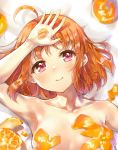  ahoge arm_up armpits artist_name bangs collarbone commentary_request food fruit hand_on_forehead highres holding holding_food light_blush looking_at_viewer love_live! love_live!_sunshine!! lying mandarin_orange nude on_back orange orange_hair orange_peel orange_slice red_eyes smile solo takami_chika takenoko_no_you upper_body 