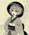  bowl bowl_hat hair_intakes hat highres japanese_clothes kimono long_sleeves looking_up monochrome natsushiro obi object_on_head open_mouth sash solo sukuna_shinmyoumaru touhou wide_sleeves 