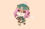  1girl chibi chibi_only commentary_request hat heaven_burns_red highres jiangshi jiangshi_costume kunimi_tama kunimi_tama_(welcome_to_nightmare_parade) looking_at_viewer ofuda open_mouth outstretched_arms pink_eyes pink_hair qingdai_guanmao talisman ura_(ura-tennislove) zombie_pose 