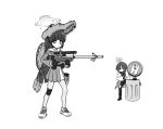  2girls arrow_(symbol) blue_archive closed_mouth commentary_request cosplay drawstring english_text gloves greyscale gun halo holding holding_gun holding_weapon hood hood_down hoodie jacket knee_pads leaf long_hair long_sleeves misaki_(blue_archive) miyu_(blue_archive) monochrome multiple_girls open_clothes open_jacket pants pantyhose pleated_skirt pointing puffy_long_sleeves puffy_sleeves rifle sailor_collar school_uniform scope serafuku sh17 shirt shoes sign simple_background single_knee_pad skirt sniper_(tf2) sniper_(tf2)_(cosplay) sniper_rifle soldier_(tf2) soldier_(tf2)_(cosplay) standing team_fortress_2 trash_can very_long_hair weapon white_background 