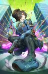  1girl black_gloves black_hair black_pants blue_jacket breasts bullet checkered_necktie city closed_mouth collared_shirt commentary_request gloves green_necktie gun hair_between_eyes handgun highres holding holding_gun holding_weapon holster ippers jacket lamppost large_breasts long_hair long_sleeves multicolored_hair multiple_others necktie open_clothes open_jacket pants police police_badge police_uniform policewoman ponytail red_eyes red_streaks shirt shoulder_holster squatting streaked_hair tight_clothes tight_pants vest weapon white_shirt zenless_zone_zero zhu_yuan 