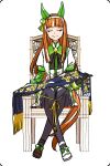  1998 1girl animal_ears asuka_(junerabitts) asymmetrical_footwear black_gloves black_pantyhose blunt_bangs bow chair closed_eyes closed_mouth commentary_request ear_covers gloves green_sailor_collar green_sleeves hairband hime_cut horse_ears horse_girl horse_tail long_hair long_sleeves mismatched_footwear on_chair orange_hair orange_tail pantyhose pleated_skirt sailor_collar silence_suzuka_(innocent_silence)_(umamusume) silence_suzuka_(umamusume) sitting skirt smile solo tail umamusume white_hairband white_skirt 