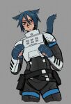  1girl alt_text android animal_ears animal_hands artist_name belt belt_pouch blue_eyes blue_hair cat_ears cat_girl cat_paws cat_tail claws commentary cowboy_shot cropped_legs elster_(signalis) english_commentary grey_background kemonomimi_mode looking_at_viewer maarika paw_print pouch short_hair signalis simple_background skin_seams solo standing tail 