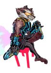  1boy absurdres animal_ears barefoot black_pants blue_shirt blue_shoes chair claws clenched_teeth commentary concosive crossed_legs english_commentary fangs from_side furry furry_male glowing_tail guardians_of_the_galaxy highres holding holding_shoes holding_unworn_clothes male_focus marvel marvel_super_war pants profile raccoon_boy raccoon_ears raccoon_tail rocket_raccoon shirt shoes sitting sleeveless sleeveless_shirt sunglasses sweat tail teeth unworn_shoes 
