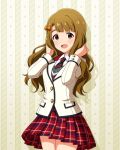  1girl blazer bow brown_eyes brown_hair card_commentary commentary_request cowboy_shot game_asset hair_bow hands_in_own_hair high_schoolmate_(idolmaster) idolmaster idolmaster_million_live! idolmaster_million_live!_theater_days jacket lapels long_hair long_sleeves looking_at_viewer miniskirt miyao_miya necktie notched_lapels official_alternate_costume official_art open_mouth orange_bow plaid_clothes plaid_skirt pleated_skirt red_skirt school_uniform skirt smile solo standing striped_clothes striped_necktie third-party_source white_jacket 