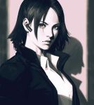  closed_mouth collared_shirt dress_shirt earpiece expressionless guweiz highres jacket juli_kidman light lips looking_at_viewer monochrome open_clothes open_jacket shadow shirt short_hair solo the_evil_within upper_body wing_collar 