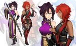  2girls arm_guards bare_shoulders breasts commentary dark-skinned_female dark_skin diobmoz english_commentary hair_between_eyes highres holding holding_sword holding_weapon japanese_clothes kimono multiple_girls orange_hair original second-party_source sheath short_kimono sword tan unsheathing weapon wrist_guards 