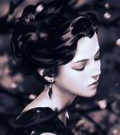  blurry blurry_background blurry_foreground closed_eyes closed_mouth depth_of_field earrings eyelashes from_side guweiz jewelry lips monochrome original realistic short_hair solo tree_branch upper_body 