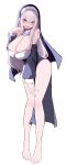  1girl absurdres arm_tattoo barefoot black_dress black_veil blue_eyes blush breasts breasts_squeezed_together cleavage commentary_request detached_collar detached_sleeves double-parted_bangs dress finger_to_own_chin fingernails full_body grey_hair hair_between_eyes hand_on_own_thigh highres huge_breasts leaning_forward long_fingernails long_sidelocks long_sleeves looking_at_viewer nail_polish nun nun_headdress original pelvic_curtain pink_pupils sagging_breasts seductive_smile side_slit sidelocks simple_background smile solo strapless strapless_dress sweat tattoo toenail_polish toenails veil very_sweaty white_background white_nails winged_heart winged_heart_tattoo yuzuki_himuka 