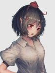  :o black_hair breasts eyebrows_visible_through_hair fjsmu grey_background hair_between_eyes hat head_tilt highres looking_down looking_to_the_side open_mouth pointy_ears puffy_short_sleeves puffy_sleeves red_eyes shameimaru_aya shirt short_hair short_sleeves simple_background small_breasts solo tokin_hat touhou upper_body white_shirt 