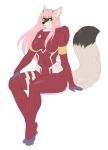  02 2018 anthro big_breasts black_fur black_nose bodysuit breasts canine clothed clothing cosplay digital_media_(artwork) eyeliner female fluffy fluffy_tail fur green_eyes hair hi_res horn invalid_tag kitsunewaffles-chan kyoko_komurasaki looking_at_viewer makeup mammal multicolored_fur navel pink_hair shiny simple_background sitting skinsuit smile solo tight_clothing white_background white_fur 