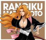  1girl absurdres bleach breasts character_name cleavage commentary english_commentary grey_eyes highres holding holding_sword holding_weapon huge_breasts ivizard jewelry lips long_hair matsumoto_rangiku mole mole_under_mouth necklace orange_hair parted_lips pink_scarf plunging_neckline scarf serious sheath solo sword unsheathing upper_body very_long_hair weapon zanpakutou 