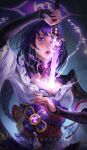  1girl absurdres artist_name braid breasts bridal_gauntlets cleavage commentary_request cowboy_shot engulfing_lightning_(genshin_impact) genshin_impact highres holding holding_sword holding_weapon human_scabbard japanese_clothes kimono large_breasts looking_at_viewer mitsudomoe_(shape) mole mole_under_eye obi obijime one_eye_covered parted_lips photoshop_(medium) procreate_(medium) purple_eyes purple_hair purple_kimono purple_nails purple_rope raiden_shogun red_lips red_rope red_sash rope sash sheath solo sword tomoe_(symbol) unsheathing very_long_braid vision_(genshin_impact) weapon wide_sleeves yiones 