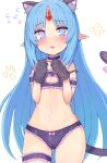  1girl animal_ear_fluff animal_ears animal_hands black_bra black_panties blue_eyes blue_hair blush bra cameltoe cat_cutout cat_ears cat_lingerie cat_paws cat_tail choker clothing_cutout commentary_request cowboy_shot flying_sweatdrops forehead_jewel frilled_bra frilled_choker frilled_panties frilled_thigh_strap frills gem highres kalar_(race) linea_alba long_hair looking_at_viewer navel ocha_(ochappie) open_mouth panties pointy_ears rance_(series) rance_quest rance_quest_magnum red_gem reset_kalar shy solo standing stomach strap_slip tail thigh_strap thighs underwear underwear_only very_long_hair 