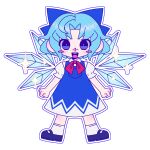  1girl blue_bow blue_dress blue_eyes blue_hair blue_shoes blush_stickers bow chibi cirno commentary detached_wings dress english_commentary fairy hair_bow highres ice ice_wings looking_at_viewer mary_janes neckerchief puffy_short_sleeves puffy_sleeves red_neckerchief shinguuji_kai shoes short_hair short_sleeves socks solo sparkle touhou transparent_background white_socks wings 