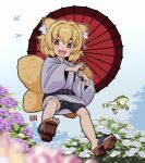  1girl :d absurdres animal animal_ear_fluff animal_ears black_shorts blurry blurry_foreground brown_eyes brown_hair brown_sandals commentary_request depth_of_field fang flower fox_ears fox_girl fox_tail frog geta grey_kimono hair_between_eyes highres holding holding_umbrella indie_virtual_youtuber japanese_clothes kamiya_ris kimono kitsune long_sleeves looking_at_viewer mawaru_(mawaru) oil-paper_umbrella purple_flower red_umbrella sandals second-party_source seigaiha shoe_soles short_eyebrows shorts smile solo tail thick_eyebrows umbrella virtual_youtuber white_flower wide_sleeves 