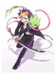  1boy black_jacket black_pants blonde_hair blue_hair commentary_request crossed_wrists digimon digimon_(creature) digimon_beatbreak full_body gecko gekkomon glasses highres holding holding_sword holding_weapon jacket katana male_focus multicolored_hair open_clothes open_jacket outstretched_crossed_arms pants purple_eyes redrawn saku_teru shirt short_hair simple_background sword sword_tassel tassel tenma_tomoro tsuba_(guard) two-handed two-tone_hair weapon weapon_tassel white_background white_shirt 