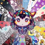  1boy :o ahoge blue_coat blush coat colored_skin flower highres horns hoshi-kun_(kikuo) kikuo looking_at_viewer looking_up multicolored_hair rainbow_hair red_eyes red_horns redrawn snowflakes solo song_request super_nh trench_coat white_skin 
