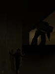  arm_cannon backrooms_(creepypasta) cable cardboard_cutout cheesy_cryptid commentary dark english_commentary highres horror_(theme) indoors mecha mecha_focus no_humans one-eyed one-eyed_mecha orange_eyes robot science_fiction shadow shockwave_(transformers) transformers transformers:_generation_1 weapon 