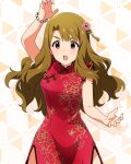  1girl :o arm_up breasts brown_eyes brown_hair card_commentary china_dress chinese_clothes commentary_request cowboy_shot dress floral_print floral_print_dress flower fresh_china_(idolmaster) game_asset hair_flower hair_ornament idolmaster idolmaster_million_live! idolmaster_million_live!_theater_days long_hair miyao_miya official_alternate_costume official_art open_mouth print_dress red_dress sleeveless sleeveless_dress solo standing thick_eyebrows third-party_source v-shaped_eyebrows 