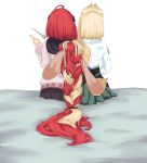 1other 2girls absurdly_long_hair absurdres ahoge alice_thymefield alternate_hair_length_(shorter) alternate_hairstyle animal_ears bebekp bed blonde_hair braid cutting_hair from_behind hair_down hair_focus hand_in_another's_hair highres holding_another's_hair long_hair multiple_girls on_bed rabbit_ears rabbit_girl rabbit_tail red_hair scissors severed_hair shirt short_hair simple_background sitting tail ukinami_yuzuha very_long_braid very_long_hair white_background white_shirt zenless_zone_zero 