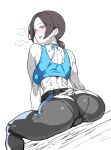  1girl ass blue_tank_top breasts bright_pupils colored_skin commentary_request crop_top crotch_seam from_behind grey_eyes grey_hair grey_pants hair_tie heavy_breathing highres looking_at_viewer looking_back low_ponytail median_furrow medium_breasts open_mouth panties_visible_through_clothes pants ponytail shoulder_blades sidelocks simple_background sitting smile solo sweat tank_top toned toned_female turning_head white_background white_pupils white_skin wii_fit wii_fit_trainer_(female) yaki_apple yoga_pants 