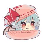  1girl bat_wings blue_hair blush closed_mouth commentary_request fang fang_out food in_food macaron niseneko_(mofumofu_ga_ienai) red_eyes remilia_scarlet simple_background smile solo touhou white_background wings yukkuri_shiteitte_ne 