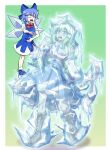  2girls absurdres ahoge blue_bow blue_dress blue_hair blue_skirt boots border bow cirno cirno_day commentary detached_sleeves detached_wings dress english_commentary fairy frozen green_background green_eyes green_hair hair_bow hair_tubes highres ice ice_wings kochiya_sanae lexasfr multiple_girls nontraditional_miko puffy_short_sleeves puffy_sleeves short_sleeves single_hair_tube skirt touhou white_border wings 