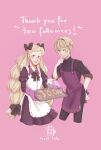  1boy apron baking baking_sheet black_bow blonde_hair bow breasts brother_and_sister commentary cookie cropped_legs drill_hair elise_(fire_emblem) english_commentary fire_emblem fire_emblem_fates food frilled_apron frills hair_bow hand_on_own_chin highres leo_(fire_emblem_fates) lucat_lula number-shaped_cookie pink_background purple_apron purple_eyes purple_hair red_eyes short_hair siblings simz small_breasts thank_you twin_drills twintails white_apron 