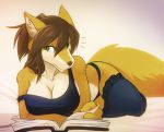  2017 anthro bed book breasts brown_hair canine cleavage clothed clothing female fera_lycablood fox fur green_eyes hair inside legwear looking_at_viewer lunarez lying mammal off_shoulder on_side panties reading skimpy solo stockings tan_fur underwear 