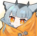  1girl arknights bird_girl blanket blunt_bangs bright_pupils close-up closed_mouth feather_hair grey_hair highres keirono light_frown long_hair looking_at_viewer orange_eyes owl_ears owl_girl ptilopsis_(arknights) simple_background solo upper_body white_pupils wrapped_in_blanket 