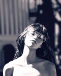  bangs bare_shoulders blurry blurry_background closed_eyes collarbone day depth_of_field facing_viewer glasses greyscale guweiz head_tilt highres lips long_hair monochrome nose original parted_lips realistic round_eyewear shiny shiny_hair solo sunlight teeth upper_body 