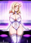  1girl alternate_breast_size_(larger) aqours_3rd_years ass_visible_through_thighs bar_(place) bare_shoulders birthday blonde_hair blush bottle braid breasts cleavage closed_mouth commentary_request counter cowboy_shot crown_braid elbow_gloves full_cleavage glass_bottle gloves hair_rings happy_birthday highleg highleg_leotard highres huge_breasts husbandmaru leotard long_hair looking_to_the_side love_live! love_live!_sunshine!! ohara_mari side_up_ring single_bang single_hair_ring skindentation smile solo spanish_commentary standing stool strapless strapless_leotard thigh_gap thighhighs thighs twitter_username white_gloves white_leotard wide_hips wine_bottle yellow_eyes 