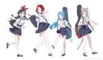  4girls ahoge akane_lize alternate_costume alternate_hairstyle animal_ear_fluff animal_ears arahashi_tabi bag black_hair black_shoes black_skirt blonde_streaks blue_eyes blue_hair blue_necktie blue_skirt bm_tol bow braid cat_ears collared_shirt commentary_request copyright_name dress_shirt drumsticks full_body grey_hair guitar_case haedungi_(shirayuki_hina) hair_bow hair_intakes hair_ornament hairclip heart heart_ahoge heart_hair_ornament highres holding holding_drumsticks instrument_case korean_commentary long_hair looking_at_viewer maro_(neneko_mashiro) multicolored_hair multiple_girls neck_ribbon necktie neneko_mashiro parallel_hairclips pienna_(akane_lize) plaid_clothes plaid_necktie pleated_skirt pungdangi_(arahashi_tabi) red_bow red_hair red_ribbon red_streaks ribbon school_bag shirayuki_hina shirt shoelaces shoes short_hair simple_background skirt socks standing standing_on_one_leg star_(symbol) star_hair_ornament stellive streaked_hair twin_braids virtual_youtuber white_background white_shirt white_socks white_streaks wristband yellow_eyes 